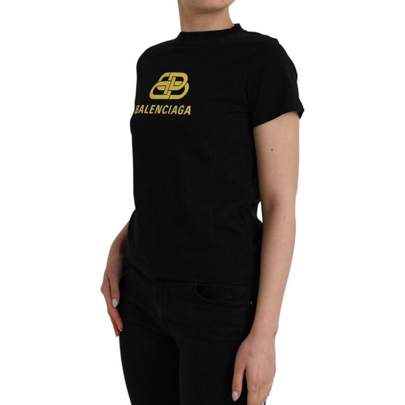 Balenciaga Black Cotton Logo Print Crew Neck Short Sleeves Women's T-shirt